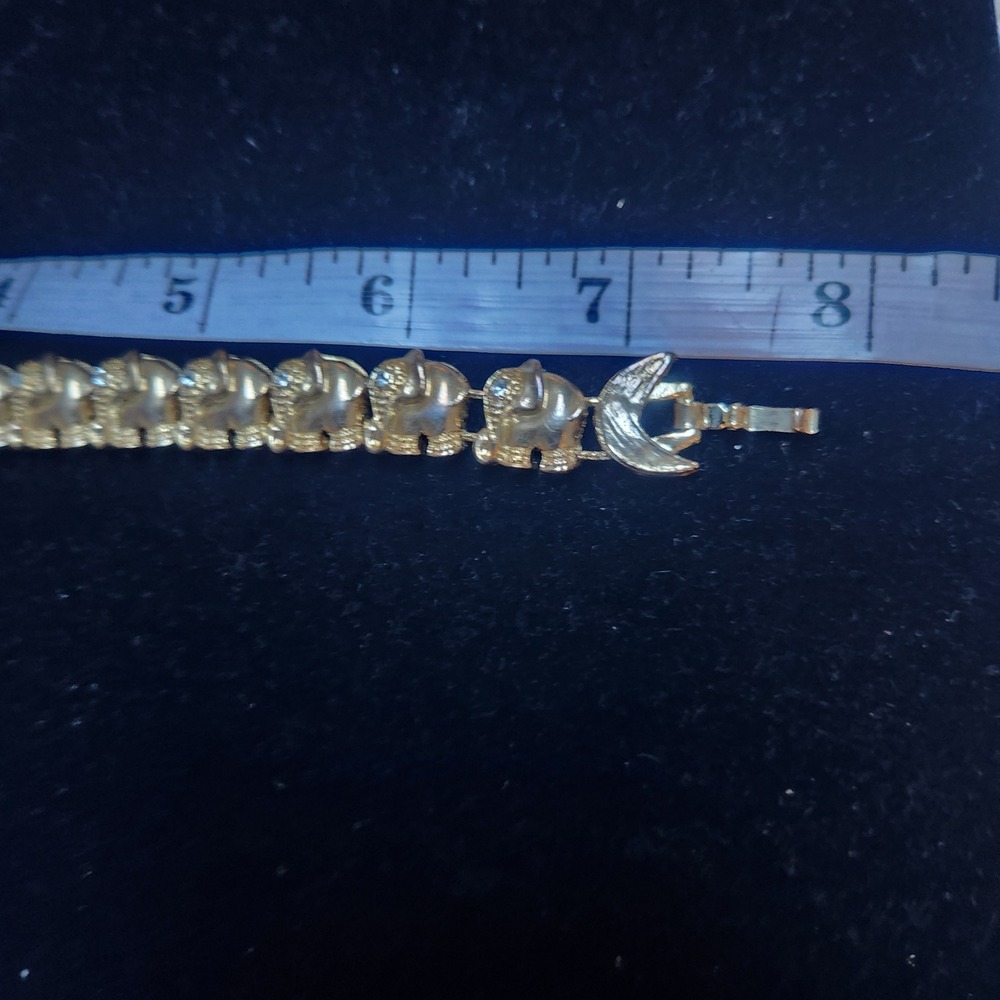 Vintage Gold Tone slider Elephant Link Bracelet with Rhinestone Eyes 7.5 Inch - Picture 2 of 10